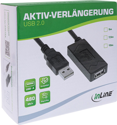 Kabllo zgjatues USB InLine, USB 2.0 aktiv, 10m, i zi
