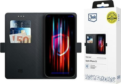 Футрола-паричник 3mk Wallet Case за Apple iPhone 15, со магнет, со држач, црна