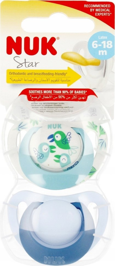 Qetësues për bebe NUK Star Latex, 6-18 muajsh, set me 2 copë, ngjyrë turquoise edhe blu