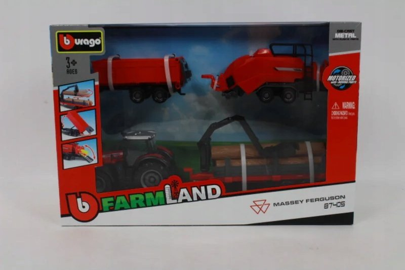 Lodër set traktor Bburago Massey Ferguson 8740S, die-cast metal, për fëmijë 3+, e kuqe