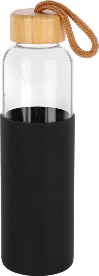 Shishe qelqi për pije Vilde, 0.5L, kapak bambuje, me mbulesë silikoni të zezë