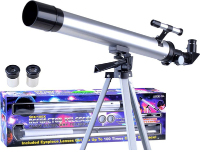 Teleskop astronomik ES0023, zmadhim 60x 100x, diametër 65 mm, argjendtë me të zi