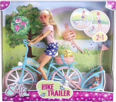 Lodër kukull Simba Steffi Love Bicycle Trip, set me biçikletë dhe karrocë, 29cm, shumëngjyrëshe