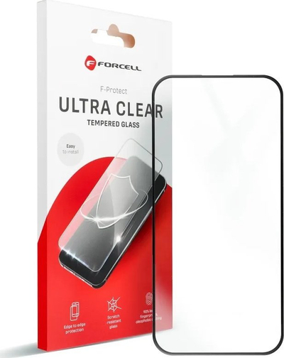 Stikla mbrojtëse Forcell Ultra Clear për iPhone 15 Plus, xham i fortë i temperuar, kornizë e zezë