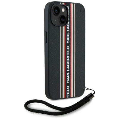 Футрола за телефон Karl Lagerfeld Saffiano Athleisure Stripes Cord за iPhone 15 6.1", со ремен за рака, црна