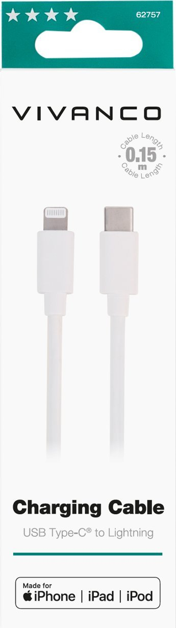 Kabllo karikimi Vivanco USB‑C në Lightning, 0.15 m, MFI, e bardhë
