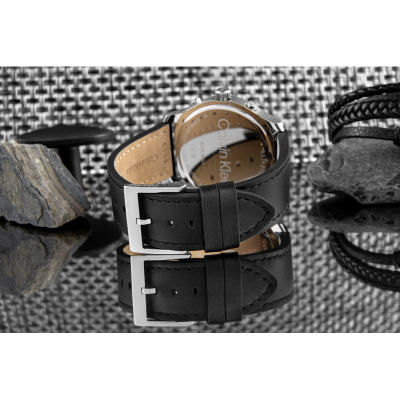 Ora burrash Calvin Klein Gents, 44mm, rrip lëkure, e zezë