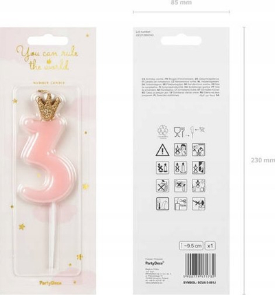Qiri ditlindje Birthday Candle, numri 3, roz