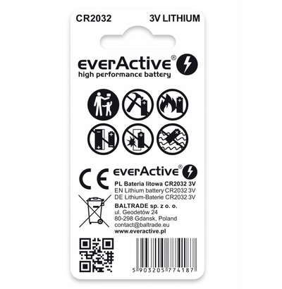 Bateri litiumi monedhë EverActive CR2032, 3V, paketim 2 copë