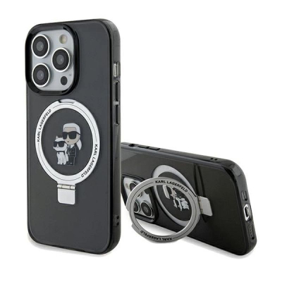 Futrollë Karl Lagerfeld Ring Stand Karl &amp; Choupette MagSafe për iPhone 13 Pro Max, me unazë mbajtëse, e zezë
