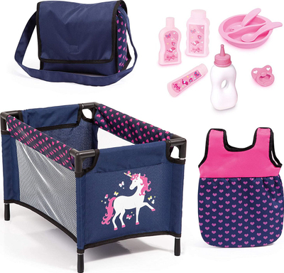 Set udhëtimi për kukulla Bayer Doll Travel Set, krevat palosës, gjëra për ushqyerje, blu