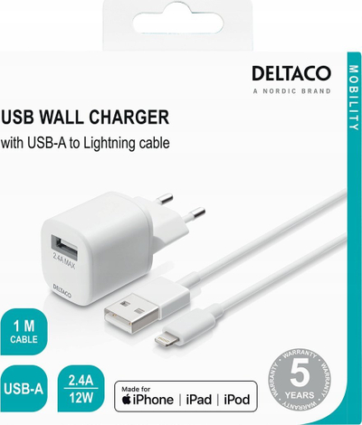 Karikues muri DELTACO USB-A, 2.4A 12W, kabllo Lightning 1m, i bardhë