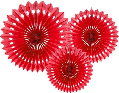 Set dekorativ PartyDeco Tissue Fan, 3 rozeta letre, 20-30cm, të kuqe
