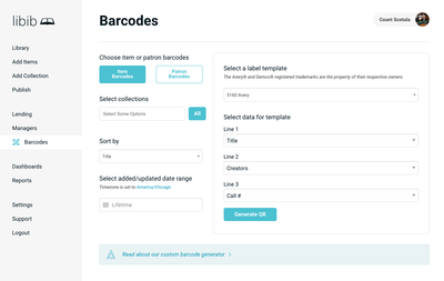 Shërbim barkodesh Libib Quickstart Barcodes, krijim automatik, eksport PDF, dixhital