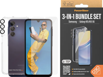 Set mbrojtës PanzerGlass 3 në 1, Ultra Wide Fit D3O, për Samsung Galaxy A15 A15 5G, transparent