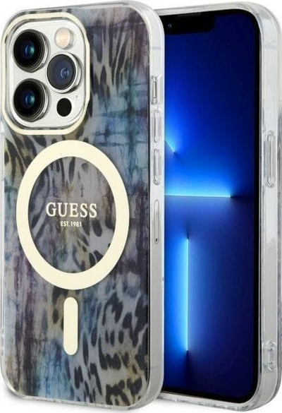 Mbulesë telefoni Guess Leopard MagSafe, iPhone 14 Pro Max, polikarbonat edhe TPU, blu