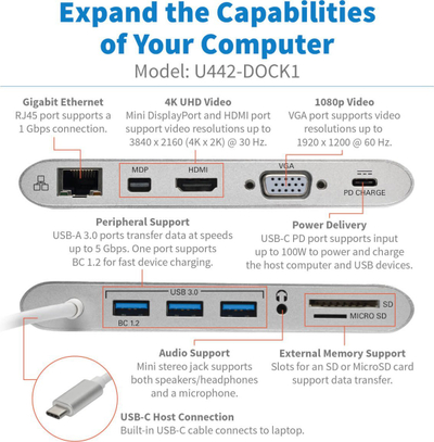 Docking station Eaton Tripp Lite U442-DOCK1, USB C, Gigabit Ethernet, argjendi