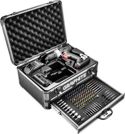 Set në një kuti alumini Graphite Energy + (turjelë + 2x18V / 2.0Ah, 10 mm + 109 aksesorë)