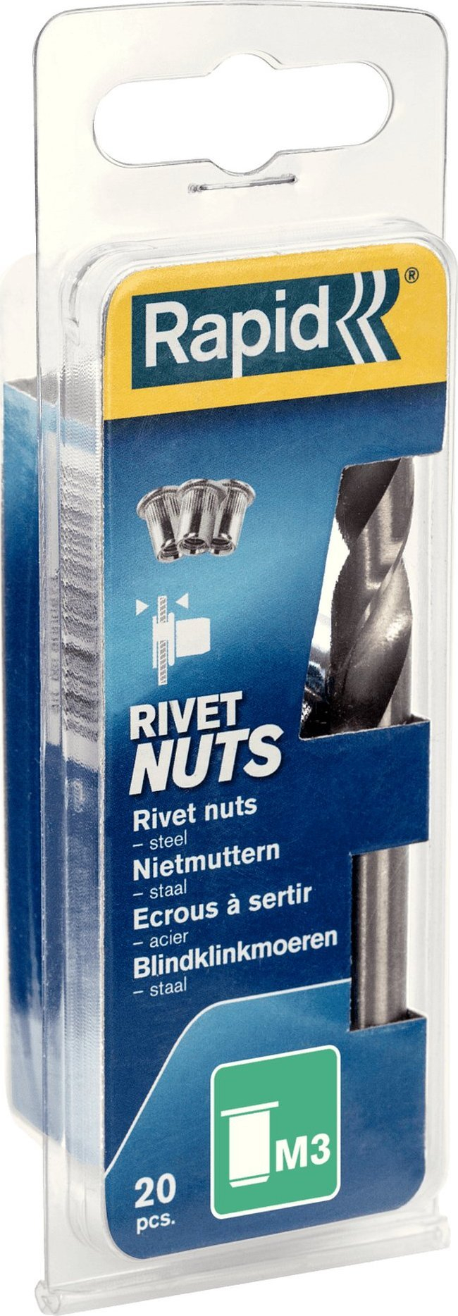 Rivet Nuts Rapid M3, set 20 copë, me stërvitje, metalik