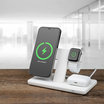 Mbajtëse karikuese FIXED MagPowerstation MagSafe 3në1, 15W + 15W + 5W, i bardhë