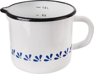 Kupë tradicionale emajl 1L, me dorezë, me hundë derdhëse, e bardhë me motiv blu