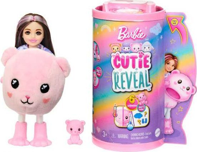 Kukull Barbie Chelsea Cutie Reveal Cozy Cute Tees, mini kukull surprizë me gjëra shtesë, rozë