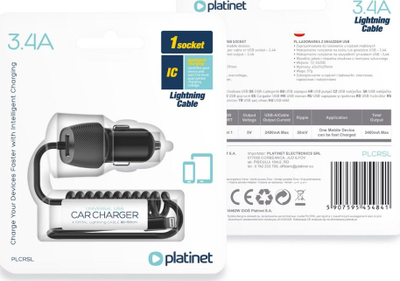 Karikues veture Platinet PLCRSL, 1x USB A 3.4A, kabllo Lightning, i zi