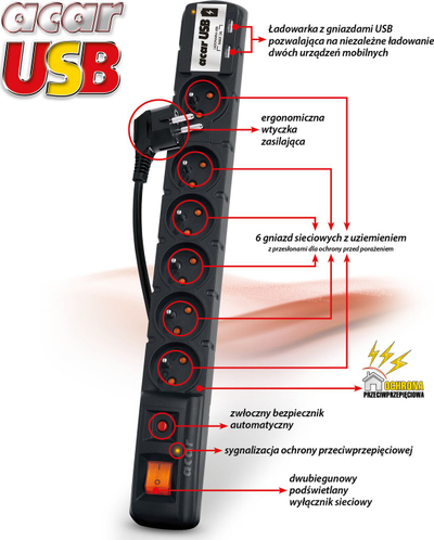 Zgjatues me mbrojtje nga mbingarkesa Acar USB, 6 prize, 3m, i zi