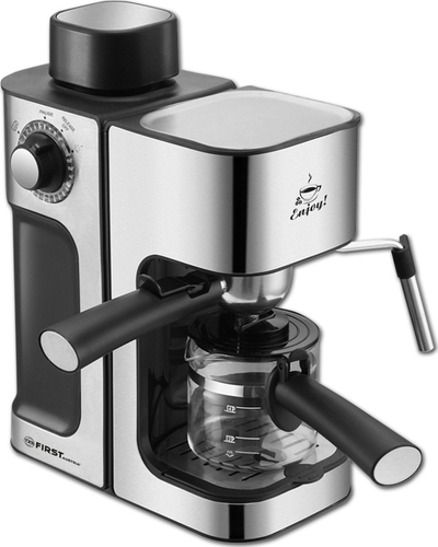 Makina espresso First Austria FA-5475-2, me portafilter, ibrik xhami, inox argjendtë