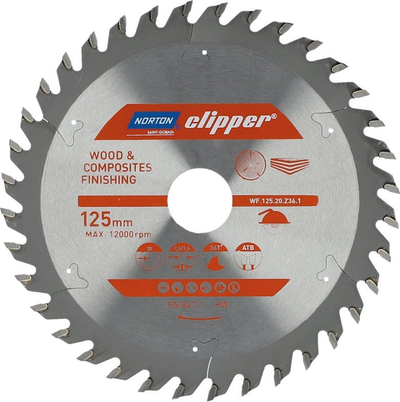 Teh sharre rrethore WOOD FINISHING 125mm, vrimë 20mm, 36 dhëmbë, gri