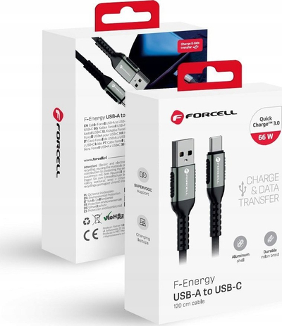 Kabllo USB A në USB C Forcell F-Energy Cafule C256, QC4.0 66W 3A, 1.2m, e zezë