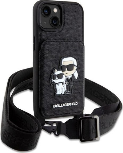 Mbulesë telefoni Karl Lagerfeld Crossbody për iPhone 14, me xhep për karta, me rrip, e zezë
