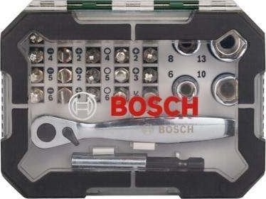 Set bitash dhe çelësash Bosch 27 pjesë, me kaçavidë me rrotullim, me kuti kompakte
