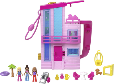 Shpi lodër kompakte Polly Pocket Barbie Dreamhouse, 3 mini kukulla, aksesore loje, rozë