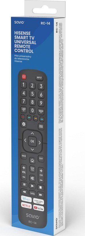 Telekomandë universale Savio RC-14 për TV Hisense, infra të kuqe, me butona, ngjyrë e zezë