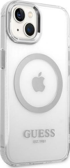 Mbulesë telefoni Guess Metal Outline MagSafe për iPhone 14 6.1", hardcase, argjendi