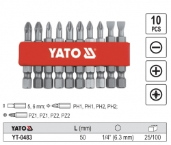 Сет битови шрафцигер Yato YT-0483, PH1 PH2 PZ1 PZ2, 50mm, 10 парчиња
