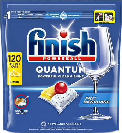 Detergjent për enëlarëse Finish Powerball Quantum All in 1 Lemon, 120 kapsula, 1.248kg
