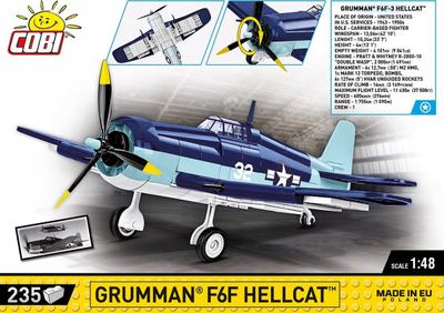 Set ndërtimi COBI Grumman F6F Hellcat 5883, 235 copë, avion luftarak, blu e bardhë