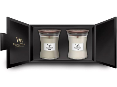 Set dhuratë WoodWick, qiri aromatik Fireside 275 g + qiri aromatik Linen 275 g