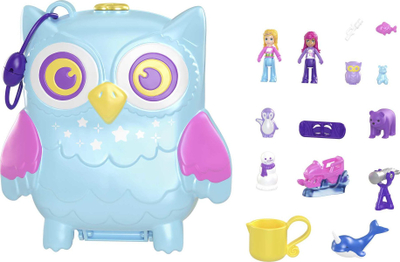 Set lodrash Polly Pocket Pajama Party Snowy Sleepover Owl Compact HKV37, me figurina dhe lojë me ujë, shumëngjyrësh