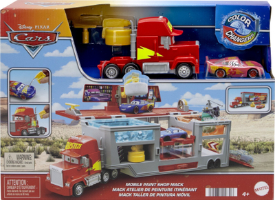 Сет за игра Disney Pixar Cars Color Changers Mobile Paint Shop Mack, со автомобилче Lightning McQueen, повеќебоен