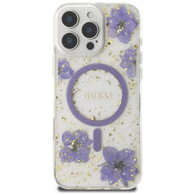 Футрола за телефон Guess Resin Flowers MagSafe за iPhone 16 Pro, проѕирна, виолетова