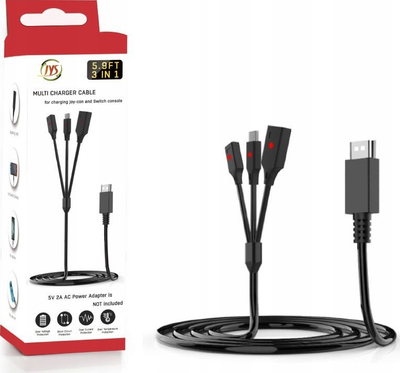 Kabllo karikuse JYS për Nintendo Switch, USB në USB-C + 2xJoy-Coni, e zezë