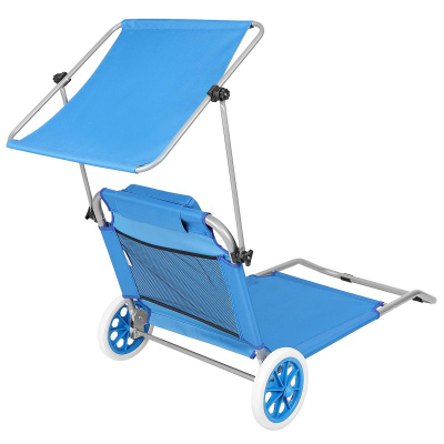 Shezlong plazhi palos me rrota, 112x62x90 cm, me tendë, blu