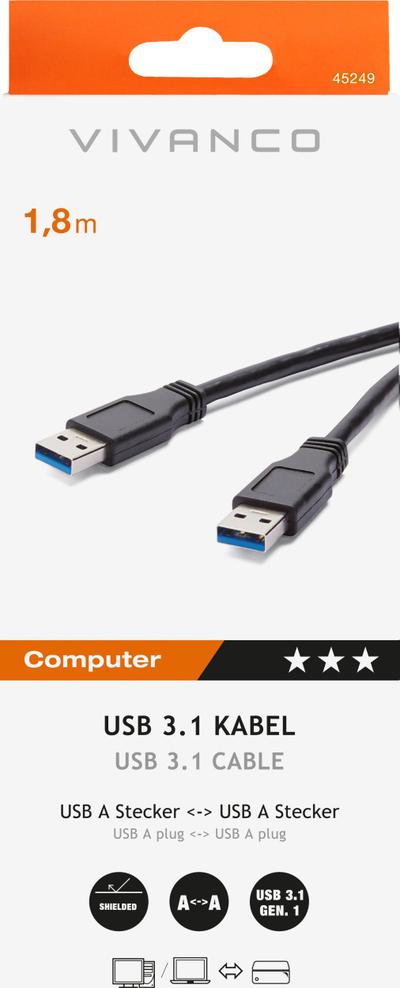 Kabllo USB Vivanco 45249, USB 3.1 Gen 1 Type A në Type A, 1.8m, i zi