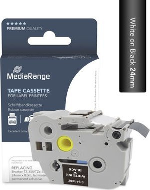 Kasetë etiketuese MediaRange, 24mm, 8m, e bardhë mbi të zezë