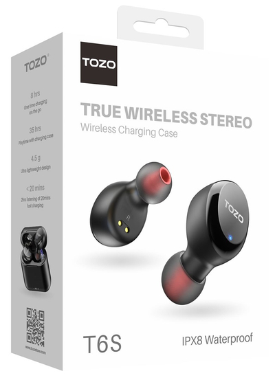 Безжични слушалки TOZO T6S, TWS во уво, со кутија за полнење, црни