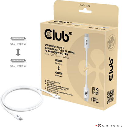Kabllo USB-C Club3D CAC-1572, Thunderbolt 5, 1.2 m, 80Gbps, 240W, e bardhë