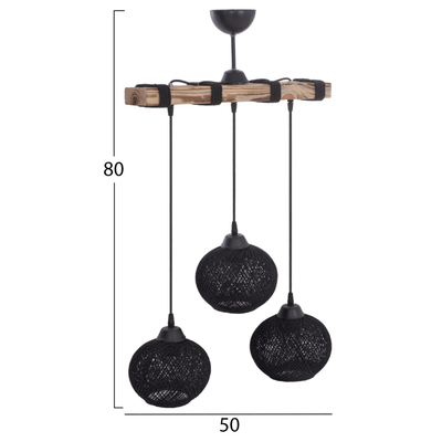 Llambë e varur tavani 3-sfera, litar i thurur, 50×18×80 cm (HM7705.01)